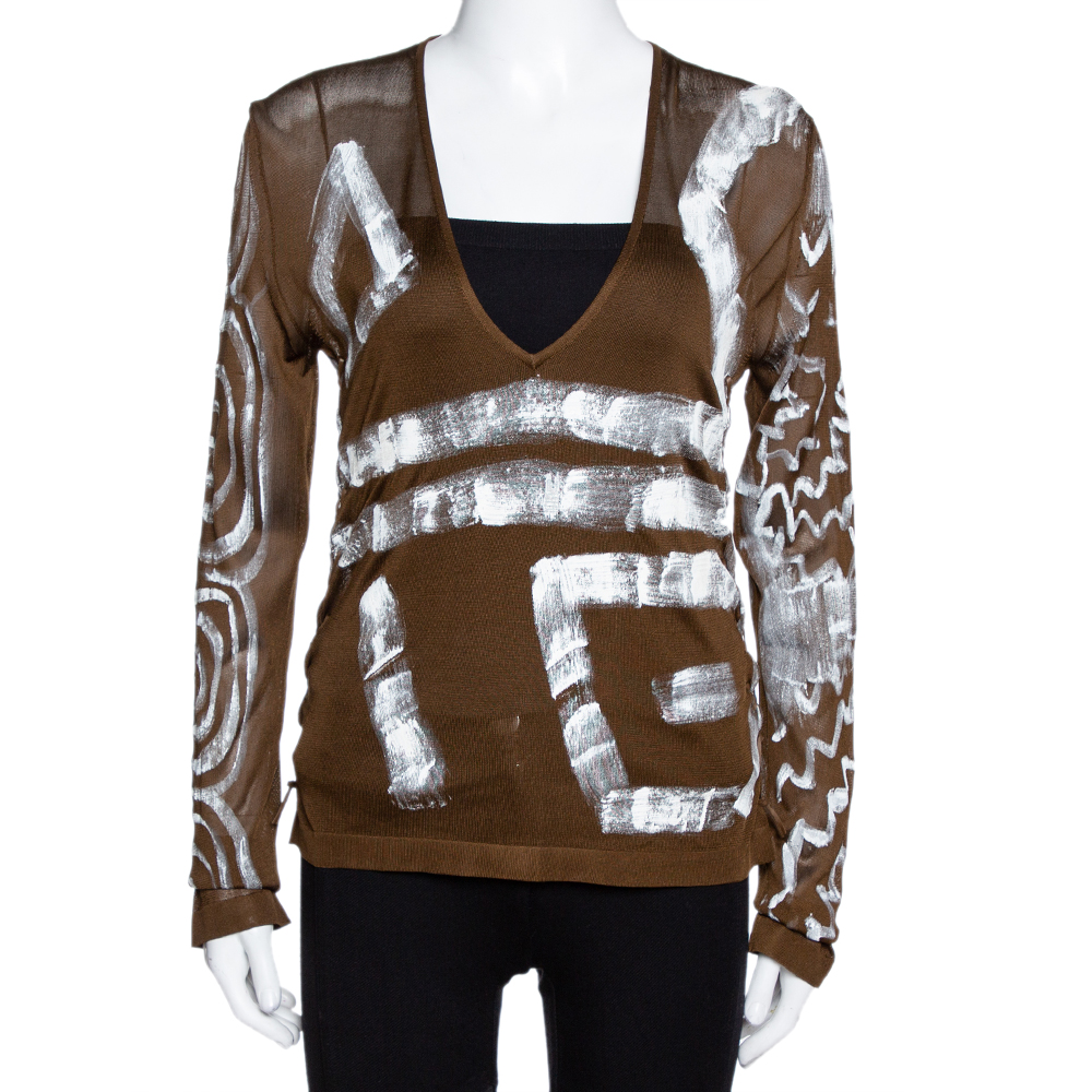 Yves Saint Laurent Army Green Painted Silk Knit V-Neck Top S Yves Saint Laurent Army Green Painted Silk Knit V-Neck Top S