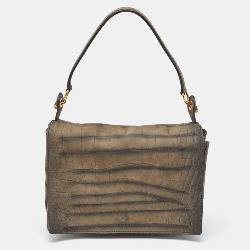 Yves Saint Laurent Grey Croc Embossed Nubuck Leather Shoulder Bag
