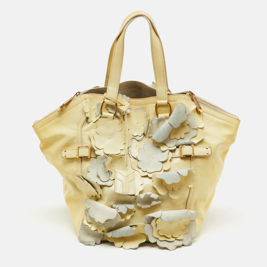 Yves Saint Laurent Light Yellow Patent Leather Floral Applique Downtown Tote