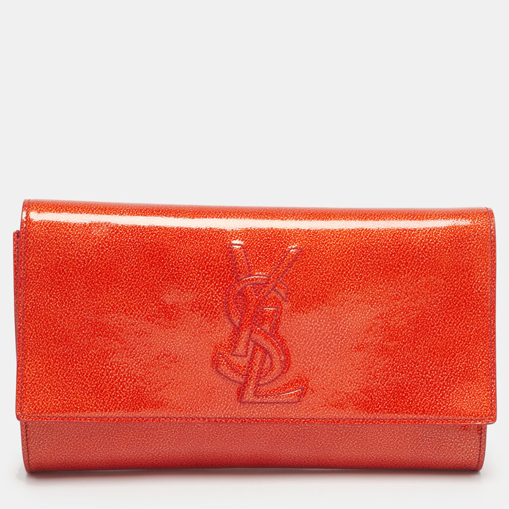 Yves Saint Laurent Orange Patent Leather Belle De Jour Flap Clutch Yves Saint Laurent Orange Patent Leather Belle De Jour Flap Clutch