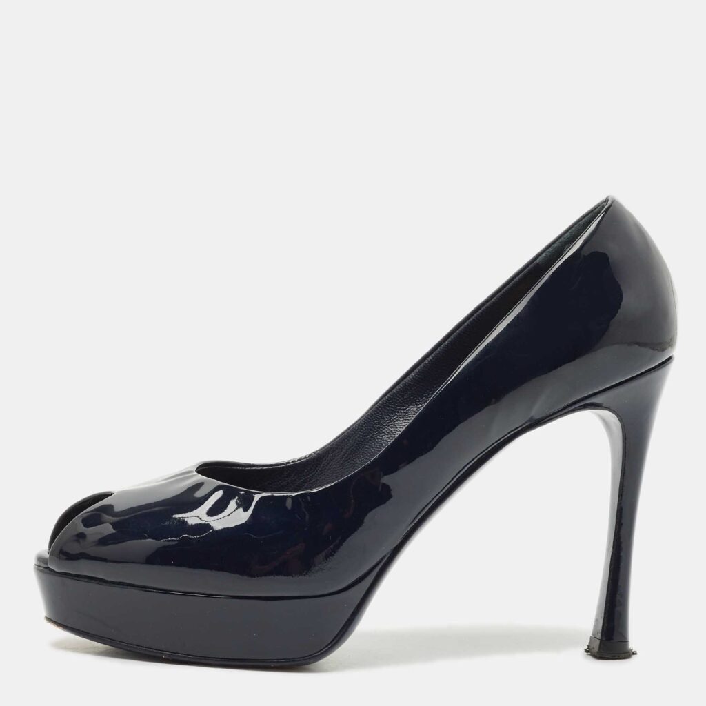 Yves Saint Laurent Navy Blue Patent Leather Peep Toe Ankle Strap Pumps Size 37 Yves Saint Laurent Navy Blue Patent Leather Peep Toe Ankle Strap Pumps Size 37