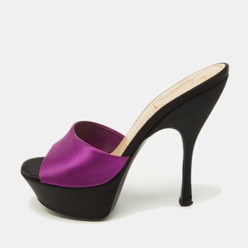 Yves Saint Laurent Purple/Black Satin Platform Slide Sandals Size 35.5