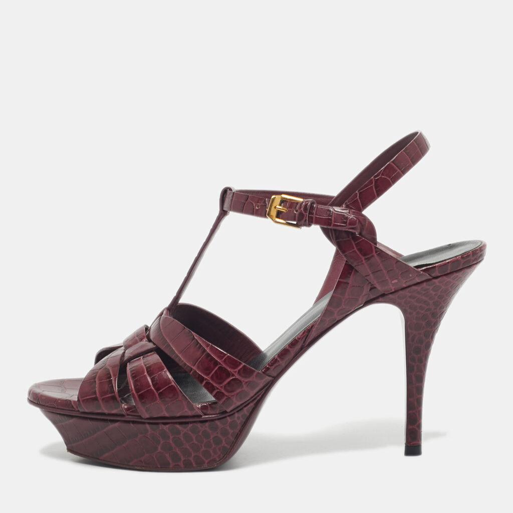 Yves Saint Laurent Burgundy Croc Embossed Leather Tribute Sandals Size 40.5 Yves Saint Laurent Burgundy Croc Embossed Leather Tribute Sandals Size 40.5