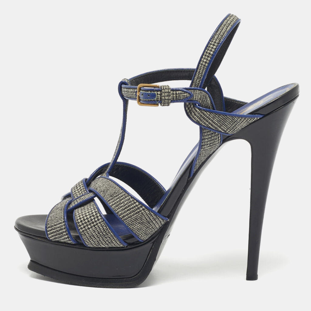 Yves Saint Laurent Blue/Grey Leather and Canvas Tribute Sandals Size 40