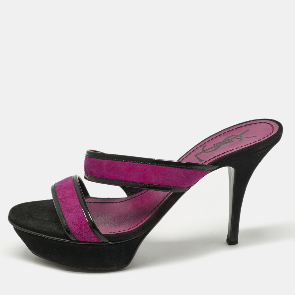 Yves Saint Laurent Purple/Black Patent Leather and Suede Slide Sandals Size 38.5 Yves Saint Laurent Purple/Black Patent Leather and Suede Slide Sandals Size 38.5
