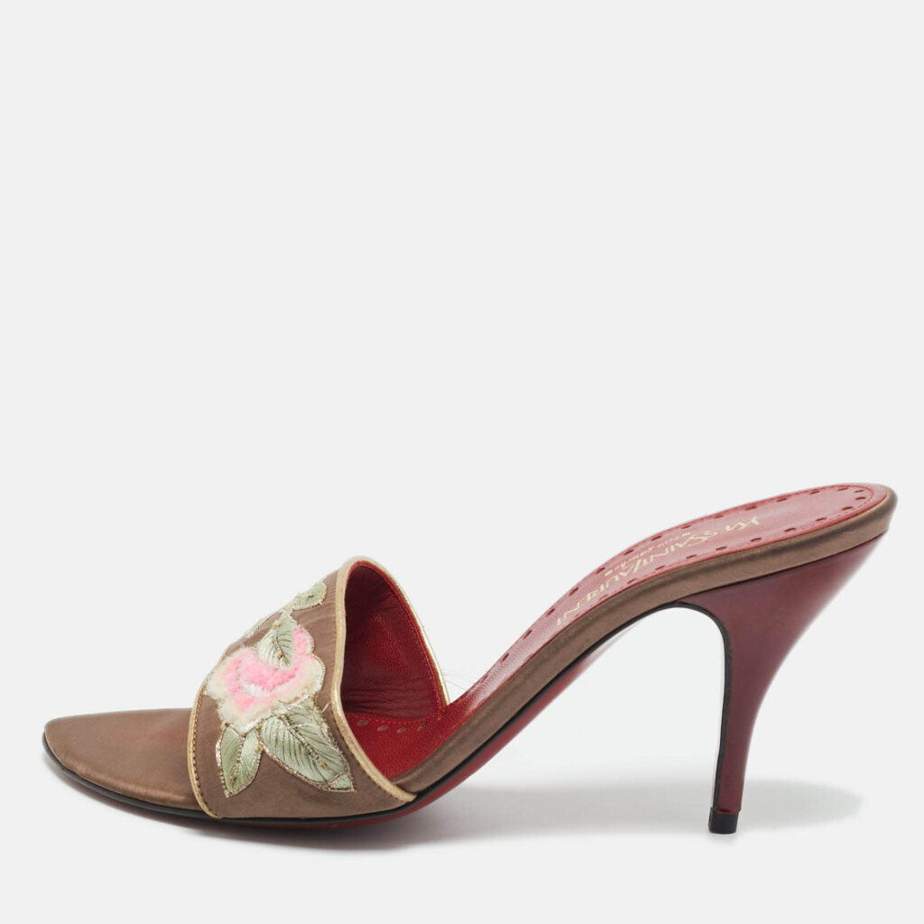 luxury-women-yves-saint-laurent-used-shoes-p1220781-001-1.jpg Yves Saint Laurent Brown Leather and Satin Flower Embroidered Slide Sandals Size 37.5