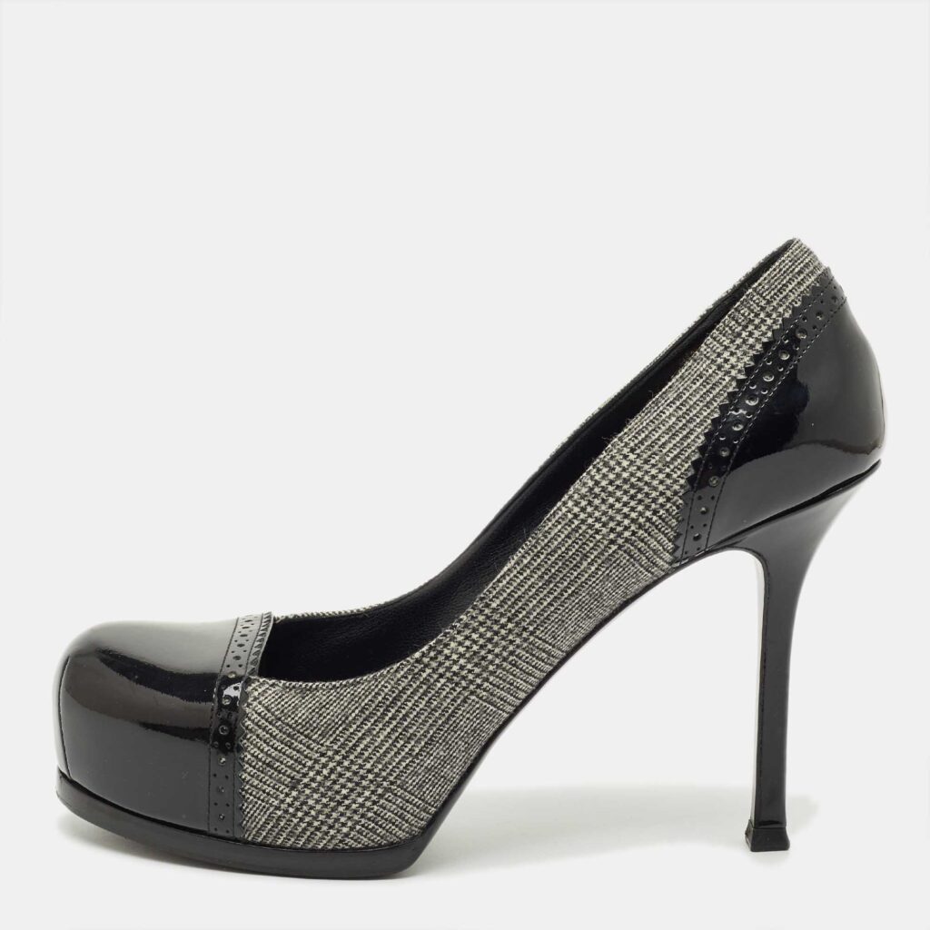 Yves Saint Laurent Black/Grey Tweed and Patent Leather Platform Pumps Size 37.5 Yves Saint Laurent Black/Grey Tweed and Patent Leather Platform Pumps Size 37.5