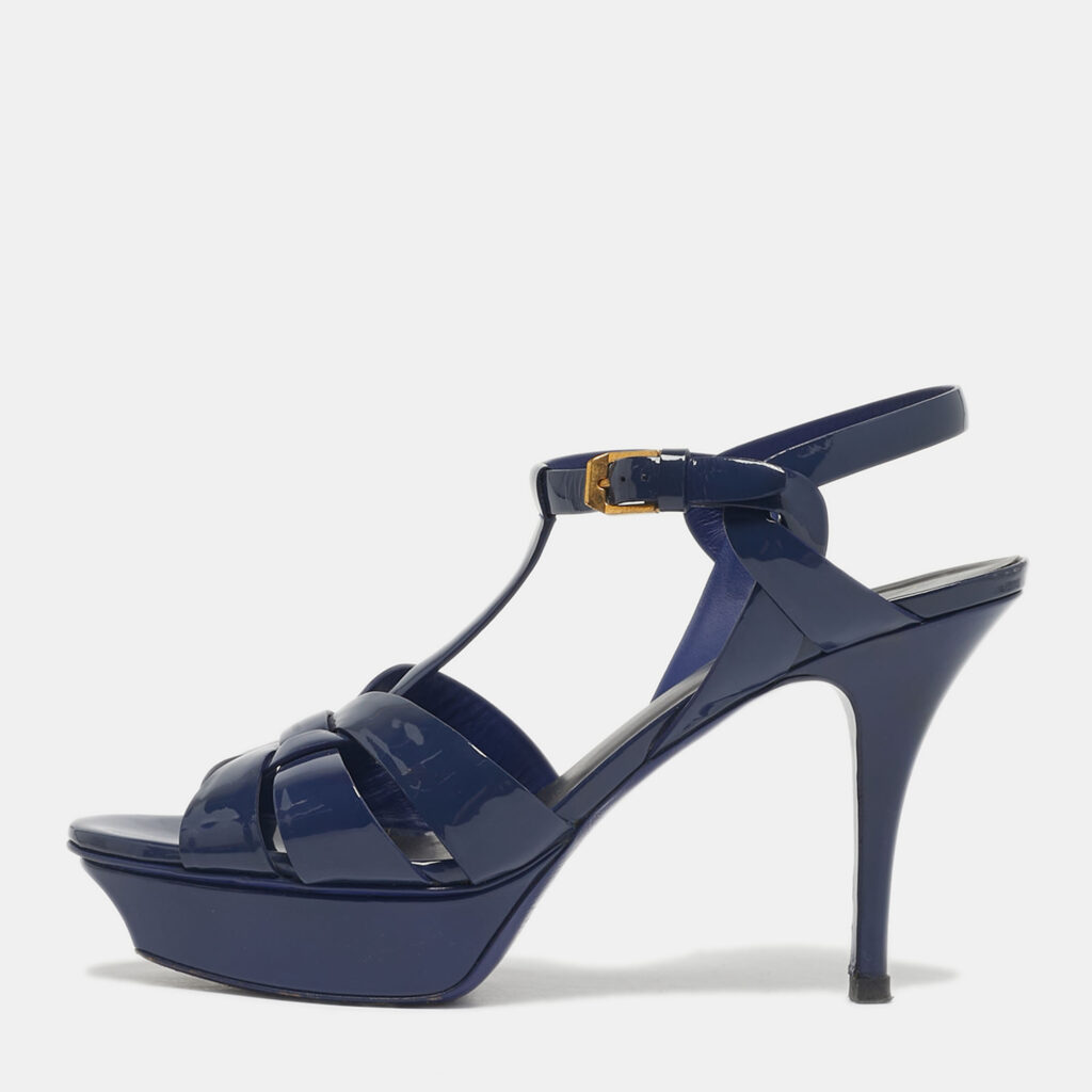 Yves Saint Laurent Navy Blue Patent Leather Tribute Platform Sandals Size 39