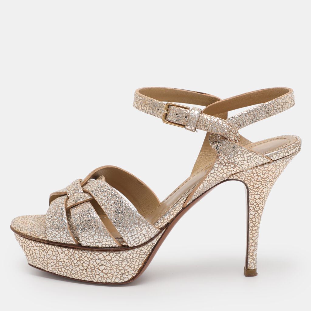 Saint Laurent Gold Textured Leather Tribute Platform Sandals Size 36 Saint Laurent Gold Textured Leather Tribute Platform Sandals Size 36
