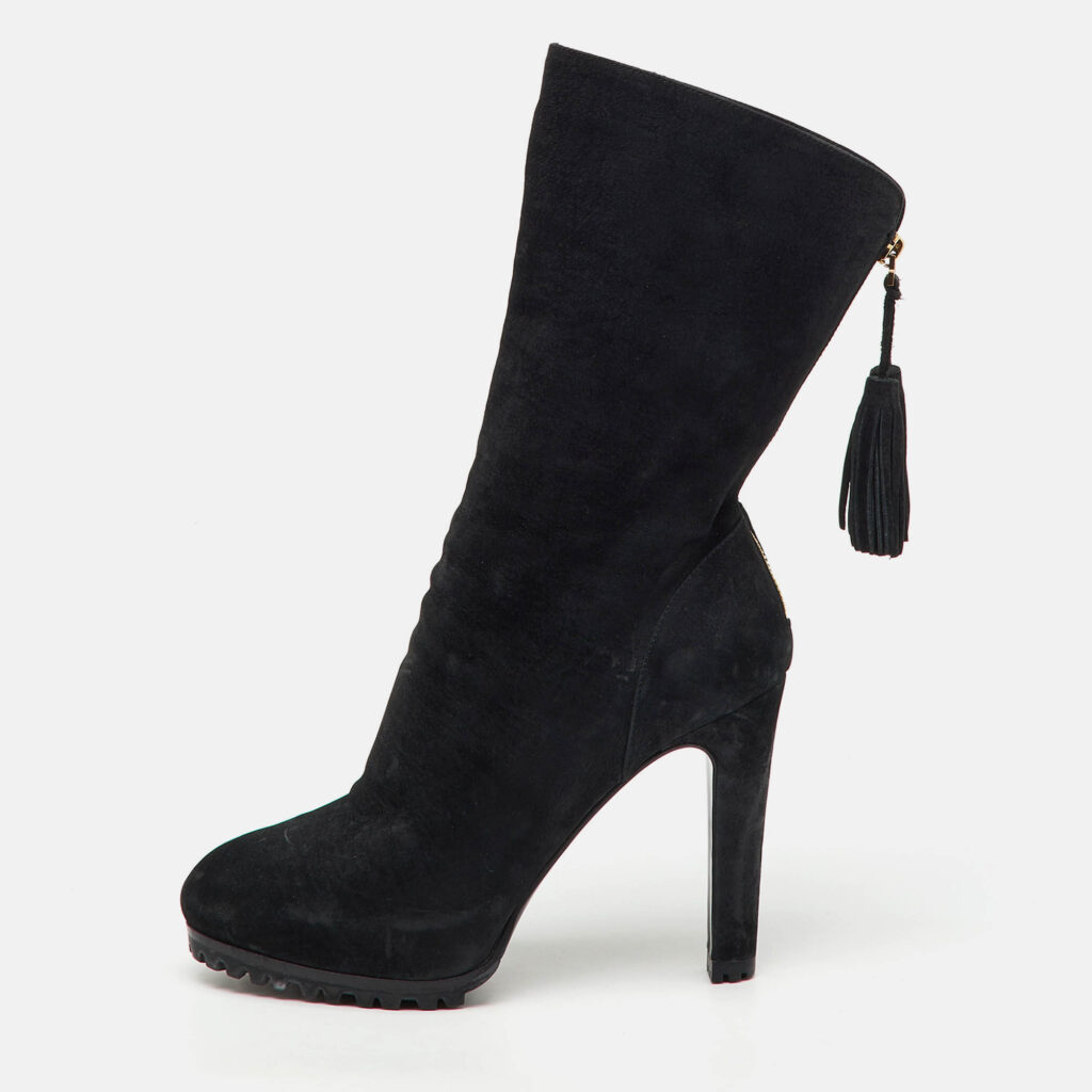 Yves Saint Laurent Black Nubuck Leather Tassel Mid Calf Platform Boots Size 37.5 Yves Saint Laurent Black Nubuck Leather Tassel Mid Calf Platform Boots Size 37.5