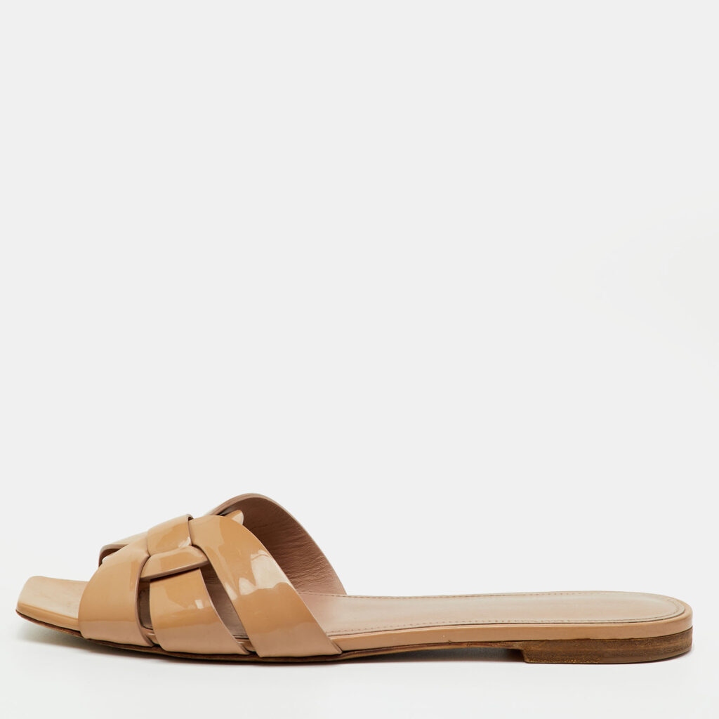 Saint Laurent Beige Patent Leather Tribute Flat Sandals Size 40