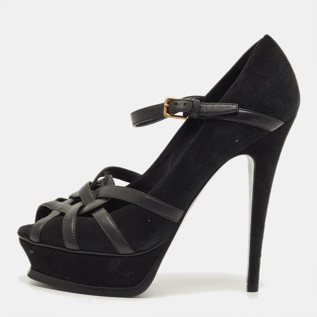 Yves Saint Laurent Size 38 Black Leather and Suede Strappy Platform Pumps Yves Saint Laurent Size 38 Black Leather and Suede Strappy Platform Pumps