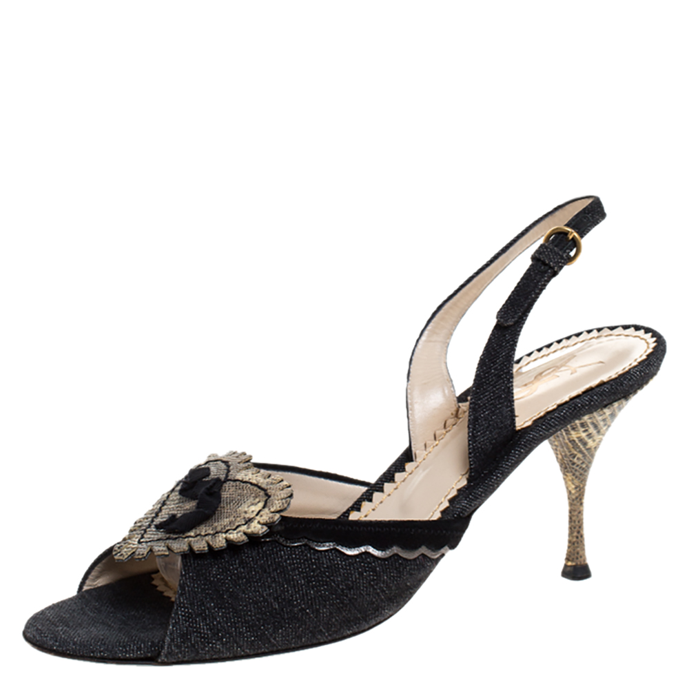 Yves Saint Laurent Blue/Cream Denim And Lizard Leather Heart Slingback Sandals Size 40 Yves Saint Laurent Blue/Cream Denim And Lizard Leather Heart Slingback Sandals Size 40