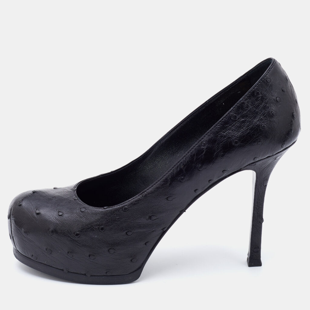 Yves Saint Laurent Black Ostrich Leather Tribtoo Platform Pumps Size 37.5 Yves Saint Laurent Black Ostrich Leather Tribtoo Platform Pumps Size 37.5