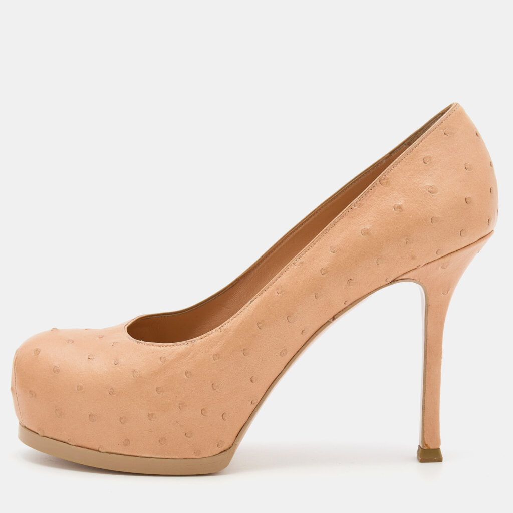 Yves Saint Laurent Beige Ostrich Leather Tribtoo Platform Pumps Size 37.5 Yves Saint Laurent Beige Ostrich Leather Tribtoo Platform Pumps Size 37.5