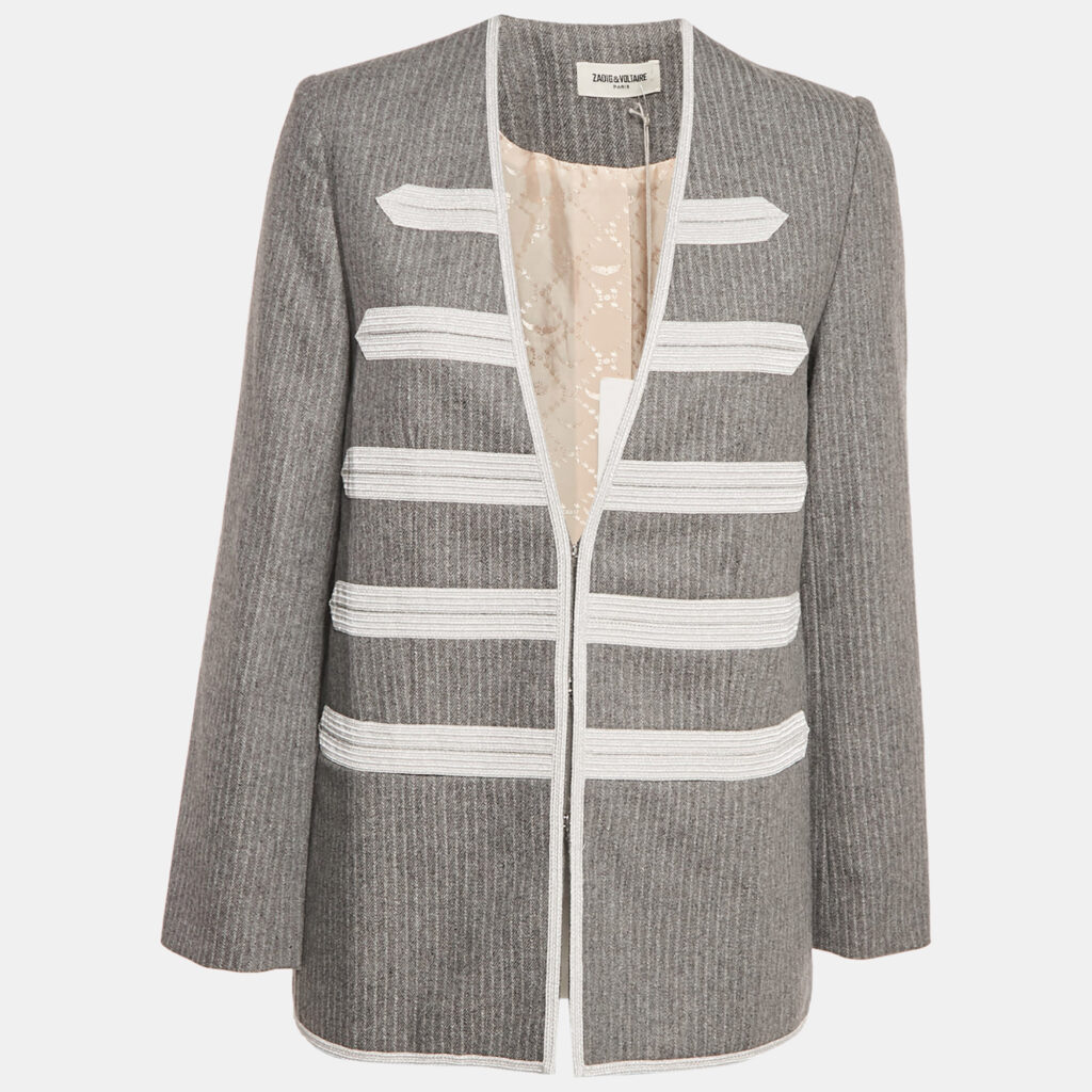 Zadig & Voltaire Grey Striped Wool Blend Judo Style Ville Jacket M Zadig & Voltaire Grey Striped Wool Blend Judo Style Ville Jacket M