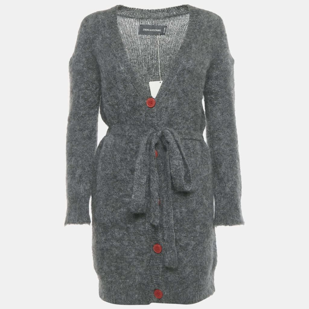 Zadig & Voltaire Grey Mohair Wool Belted Romy Long Cardigan S