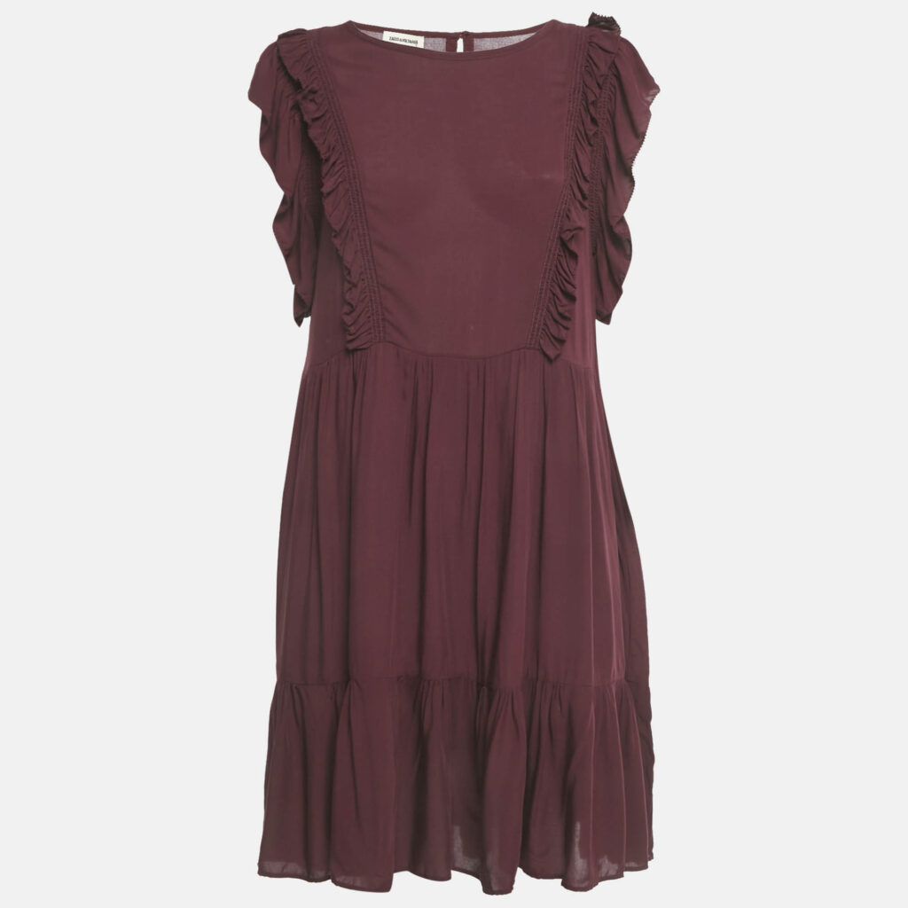Zadig & Voltaire Burgundy Crepe Ruffled Rousseau Dress S
