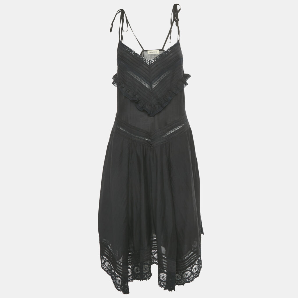 Zadig & Voltaire Black Lace Trim Cotton Rilli Asymmetric Midi Dress S Zadig & Voltaire Black Lace Trim Cotton Rilli Asymmetric Midi Dress S