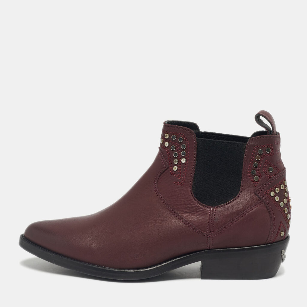 Zadig & Voltaire Burgundy Leather Thylana Studded Ankle Boots Size 36