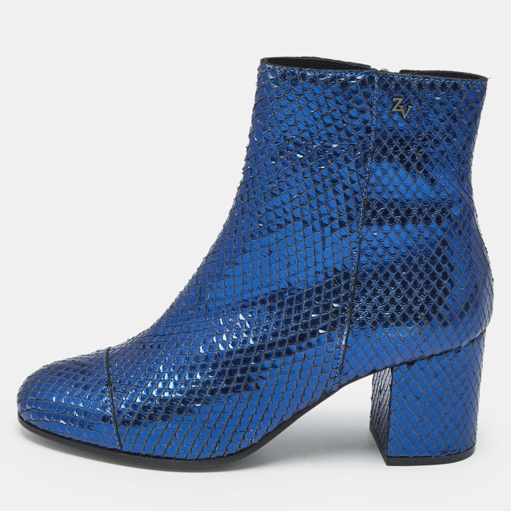 Zadig & Voltaire Metallic Blue Python Embossed Leather Lena Ankle Boots Size 37