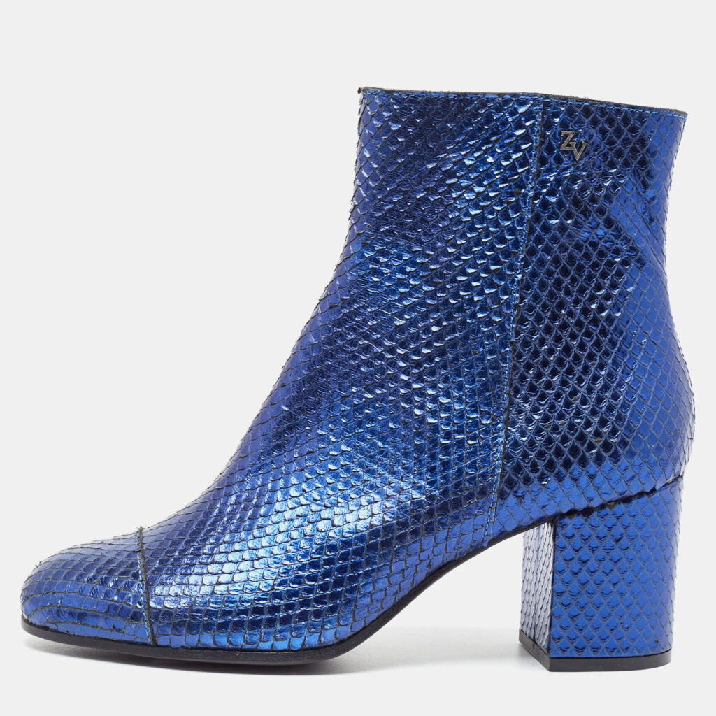 Zadiq & Voltaire Blue Python Leather Block Heel Ankle Boots Size 37 Zadiq & Voltaire Blue Python Leather Block Heel Ankle Boots Size 37