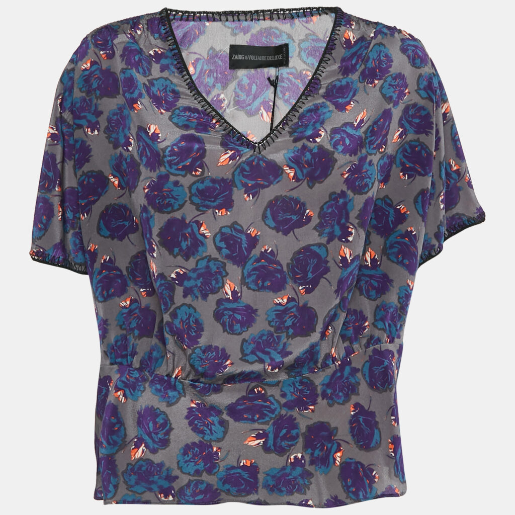 Zadig & Voltaire Grey Printed Silk Toy Roses Deluxe Blouse M Zadig & Voltaire Grey Printed Silk Toy Roses Deluxe Blouse M