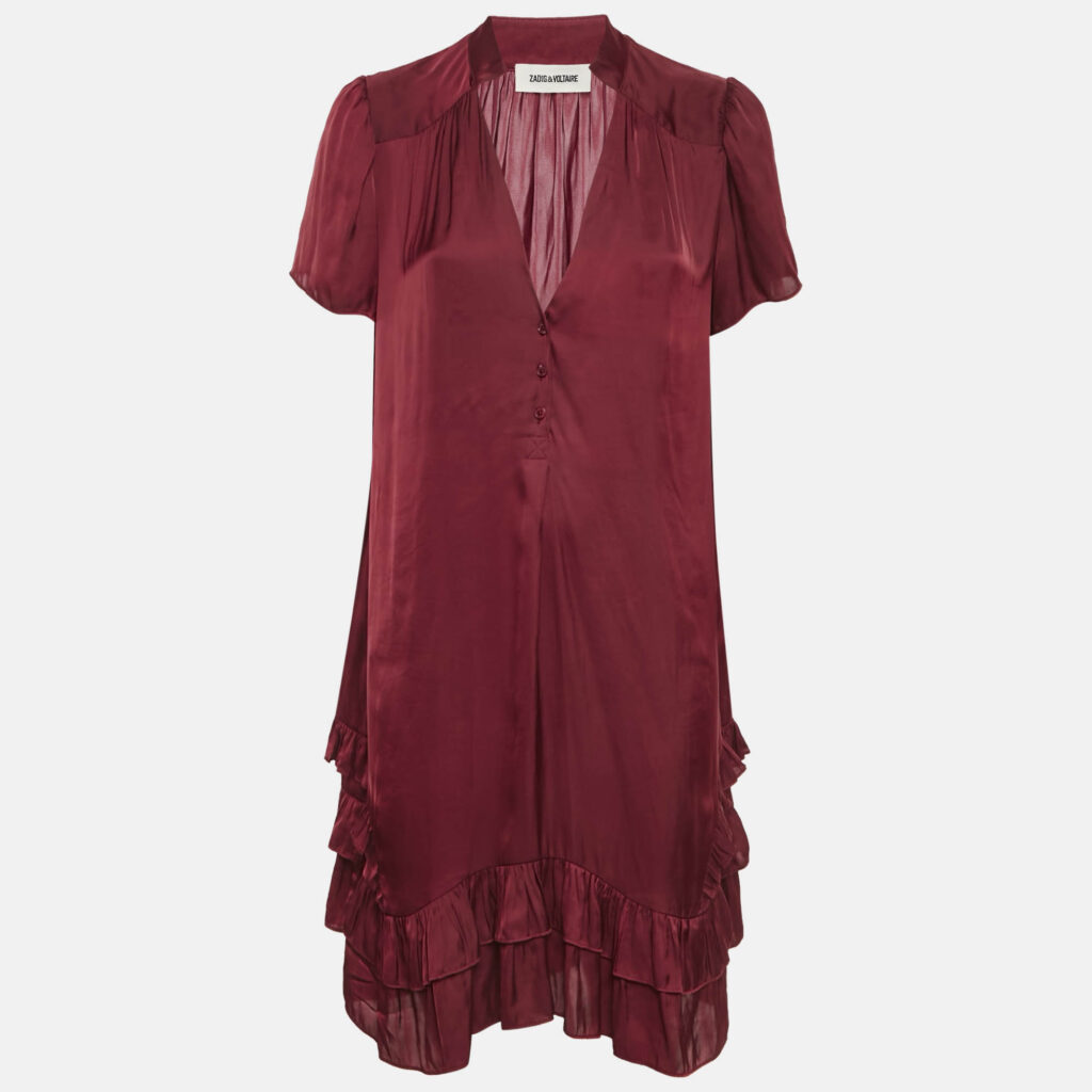 Zadig & Voltaire Burgundy Satin V-Neck Ruffled Short Dress M Zadig & Voltaire Burgundy Satin V-Neck Ruffled Short Dress M