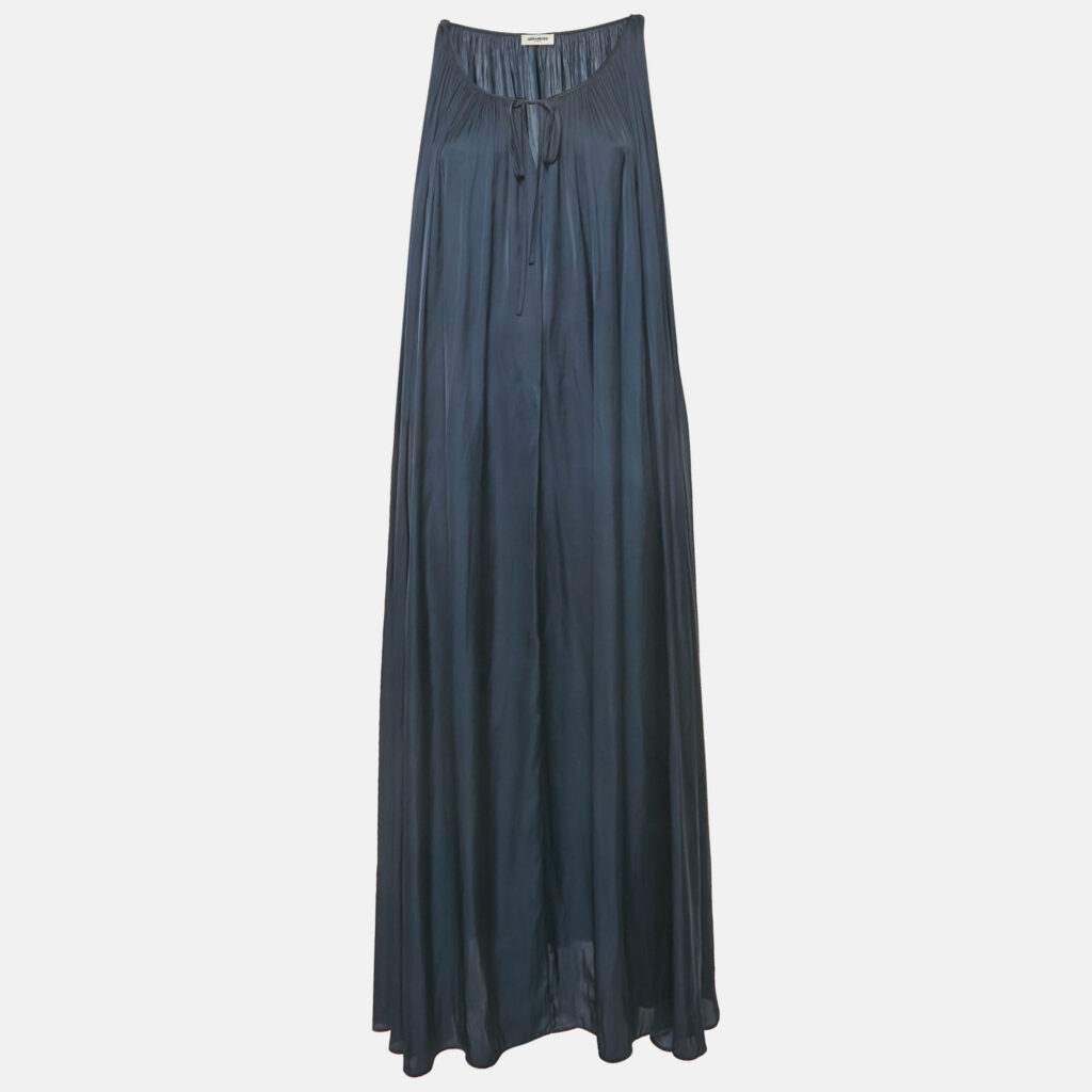 Zadig & Voltaire Navy Blue Satin Gathered Sleeveless Maxi Dress S