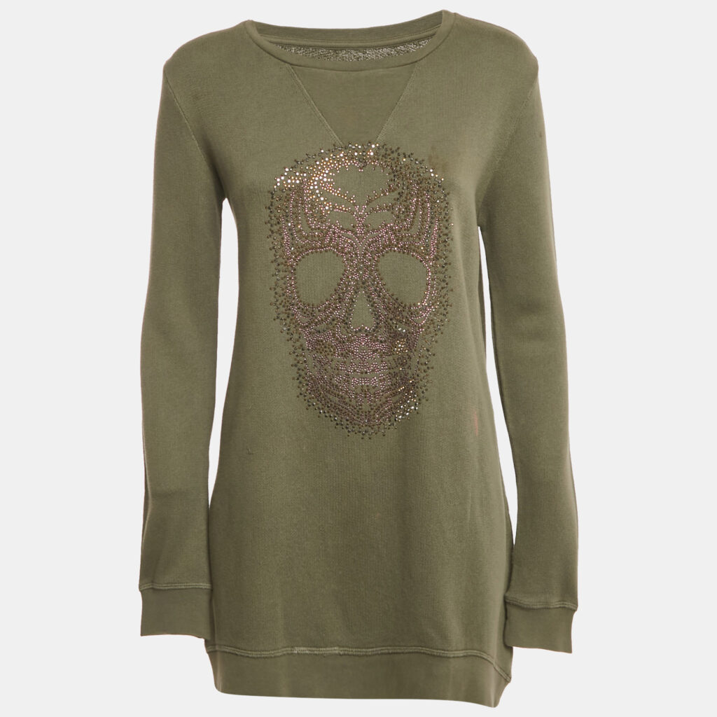 Zadig & Voltaire Sage Green Skull Embellished Cotton Anael Tunic Sweater S Zadig & Voltaire Sage Green Skull Embellished Cotton Anael Tunic Sweater S