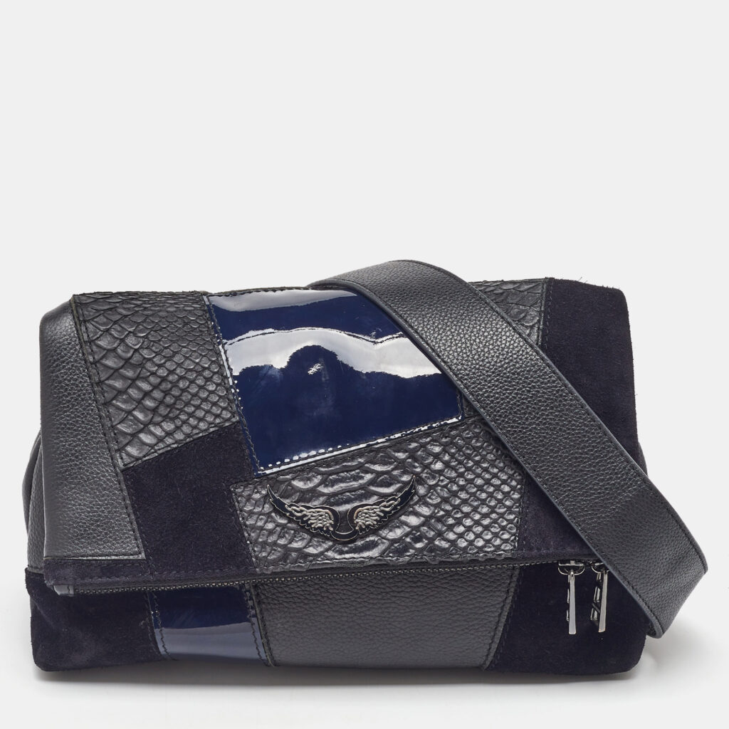 Zadig & Voltaire Black/Navy Blue Leather and Suede Patchwork Flap Shoulder Bag Zadig & Voltaire Black/Navy Blue Leather and Suede Patchwork Flap Shoulder Bag