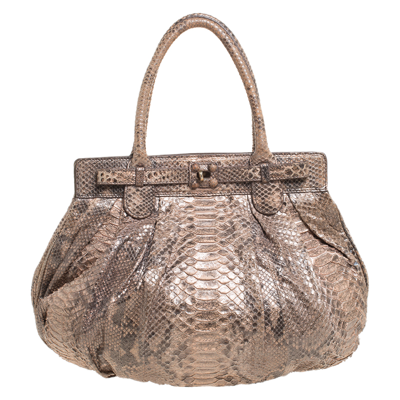 Zagliani Metallic Peach and Grey Python Puffy Hobo Zagliani Metallic Peach and Grey Python Puffy Hobo