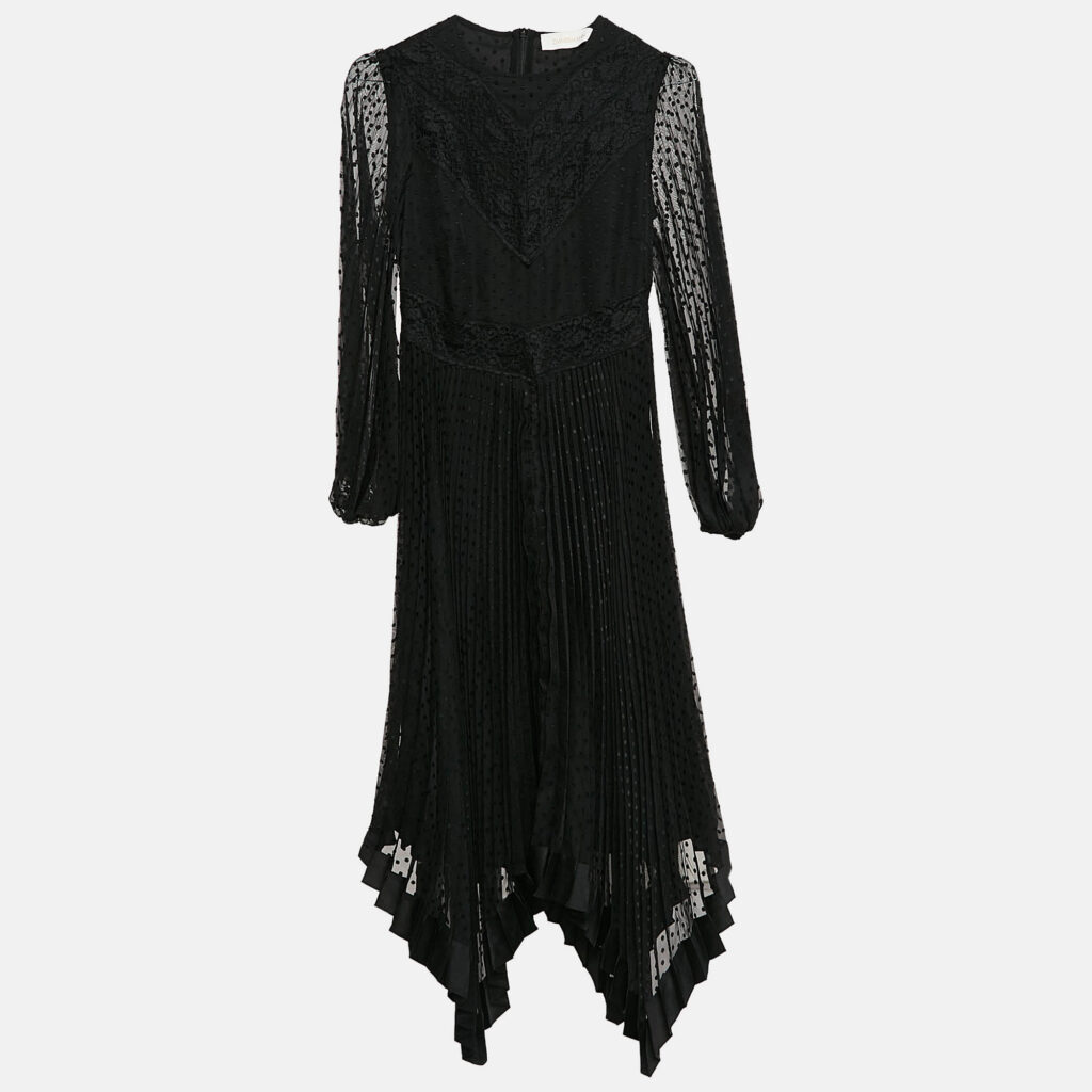 Zimmermann Black Swiss Dots Lace and Chiffon Plisse Espionage Midi Dress S Zimmermann Black Swiss Dots Lace and Chiffon Plisse Espionage Midi Dress S