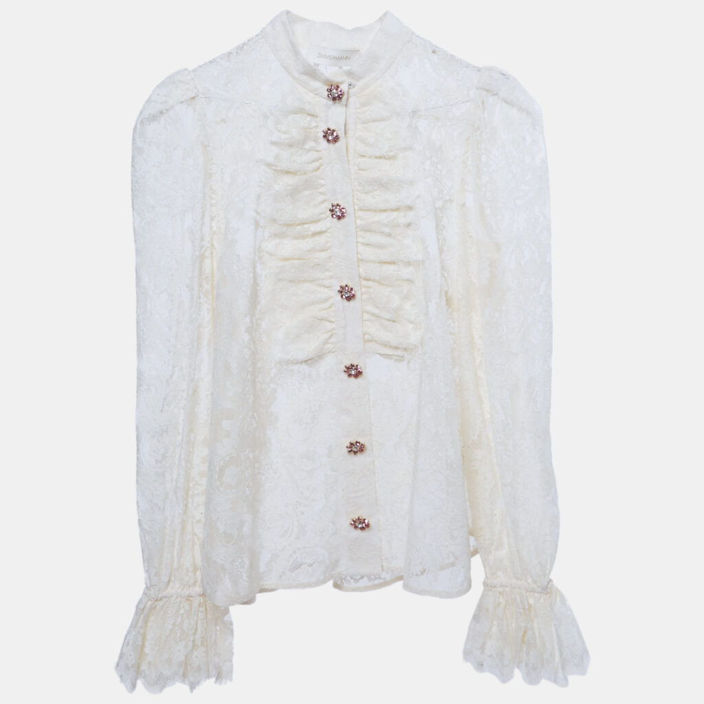 Zimmermann Cream Lace Ruffled Sheer Blouse M