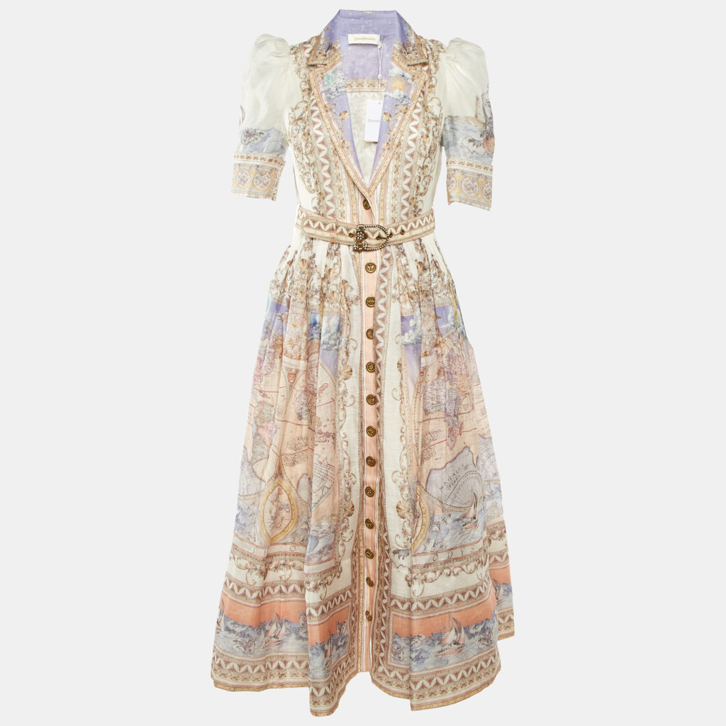 Zimmermann Light Beige Printed Linen & Silk Belted Maxi Dress S Zimmermann Light Beige Printed Linen & Silk Belted Maxi Dress S
