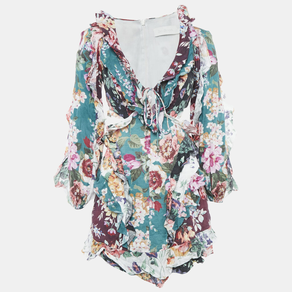 Zimmermann Green/Burgundy Floral-print Linen Allia Cutout Ruffled Mini Dress M