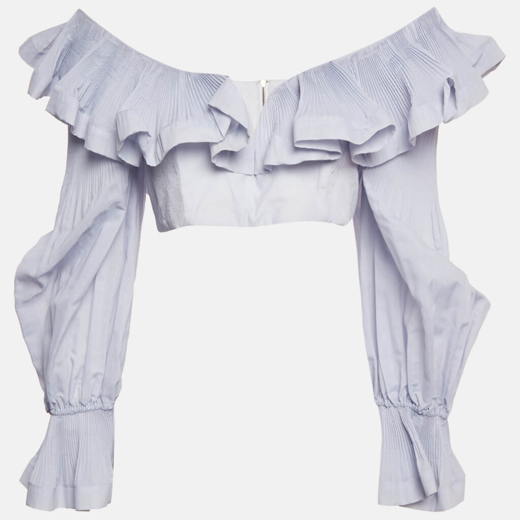 Zimmermann Blue Crepe Ruffled The Lovestruck Crop Top L Zimmermann Blue Crepe Ruffled The Lovestruck Crop Top L