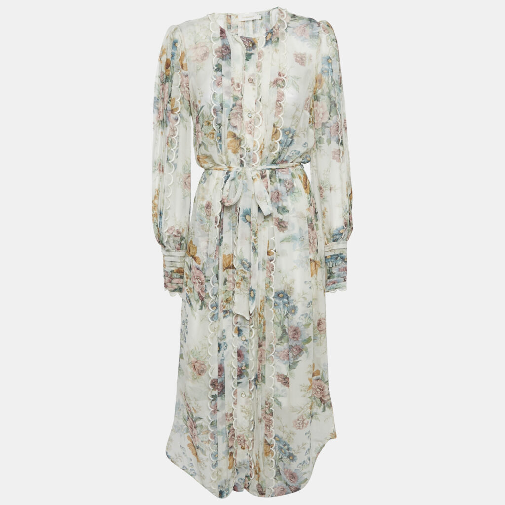 Zimmermann White Floral Print Crepe Scallop Detail Long Dress S
