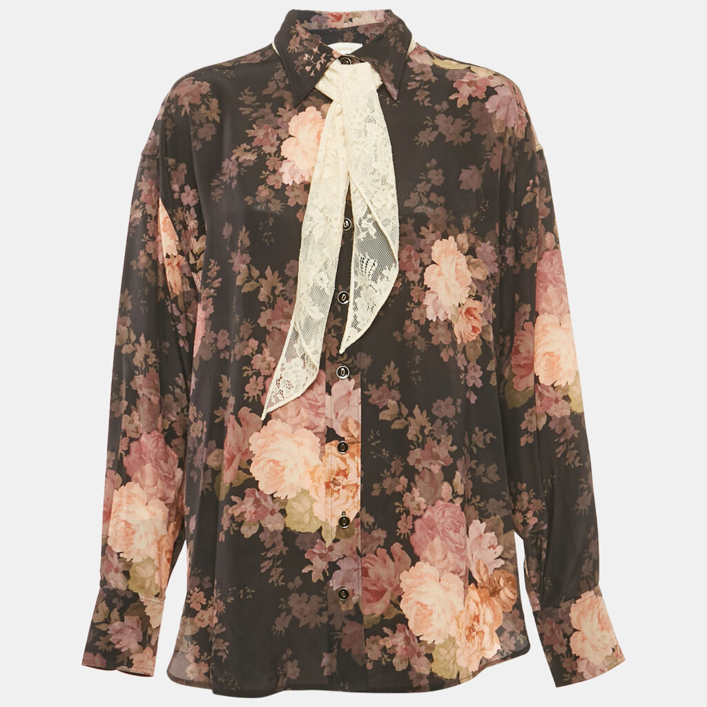 luxury-women-zimmermann-used-clothes-p1169910-004-1.jpg Zimmermann Black Floral Print Silk Neck Tie-Up Button Front Blouse S