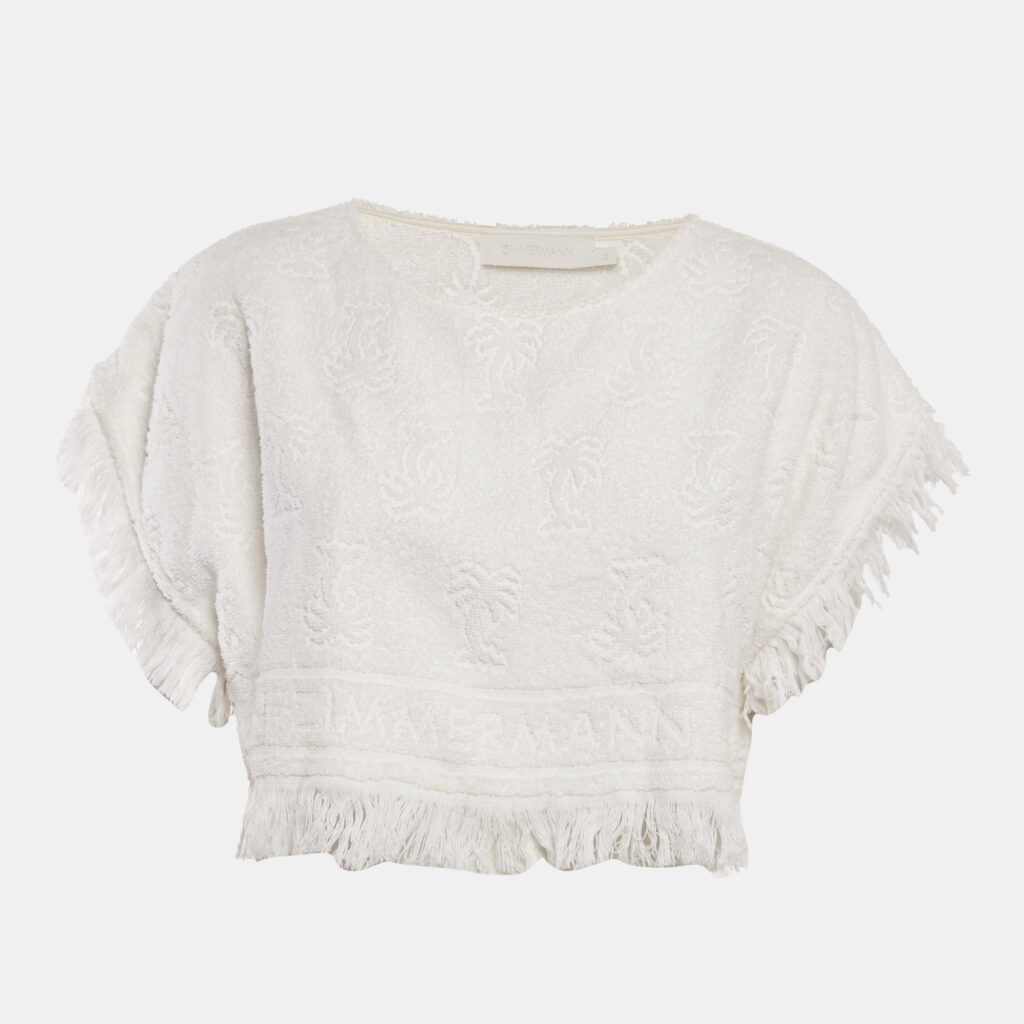 Zimmermann White Palm Tree Terry Cotton Fringed Crop Top M Zimmermann White Palm Tree Terry Cotton Fringed Crop Top M