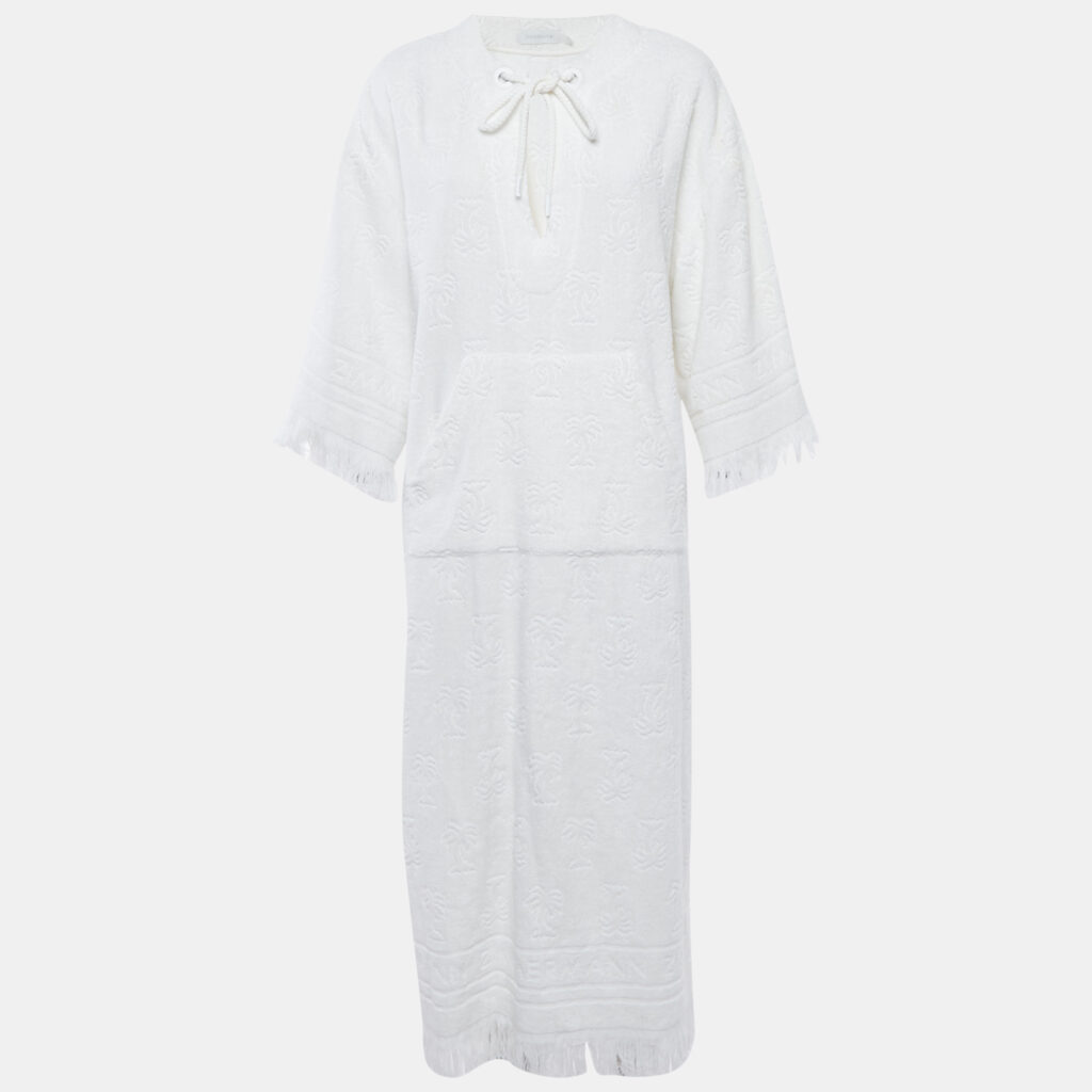 Zimmermann White Palm Tree Terry Cotton Fringed Kaftan Dress M Zimmermann White Palm Tree Terry Cotton Fringed Kaftan Dress M