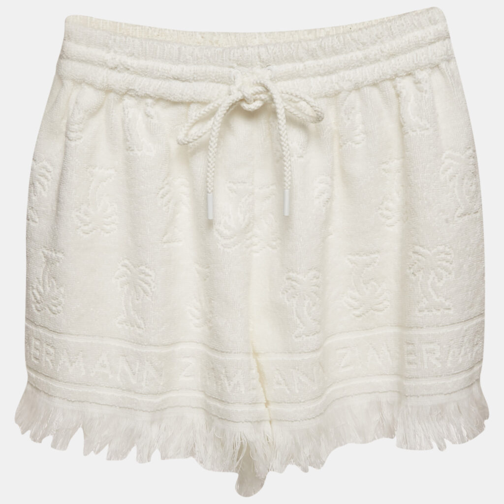 Zimmermann White White Palm Tree Terry Cotton Fringed Shorts M Zimmermann White White Palm Tree Terry Cotton Fringed Shorts M
