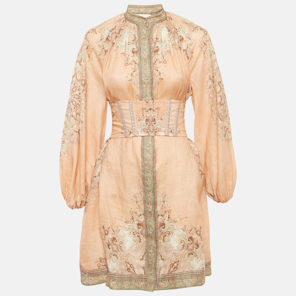 Zimmermann Light Orange Printed Button Front Belted Mini Dress S Zimmermann Light Orange Printed Button Front Belted Mini Dress S