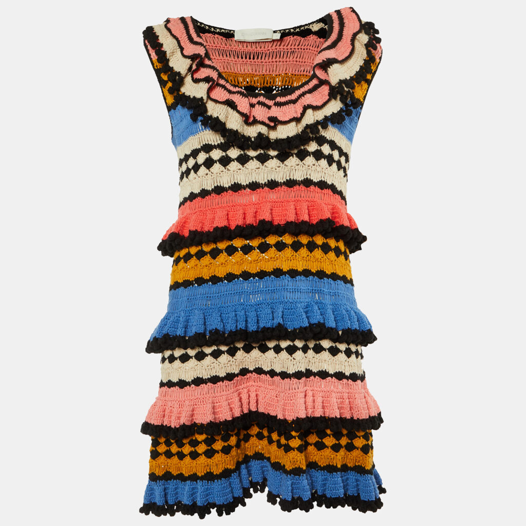 Zimmermann Multicolor Crochet Knit Tiered Dress L