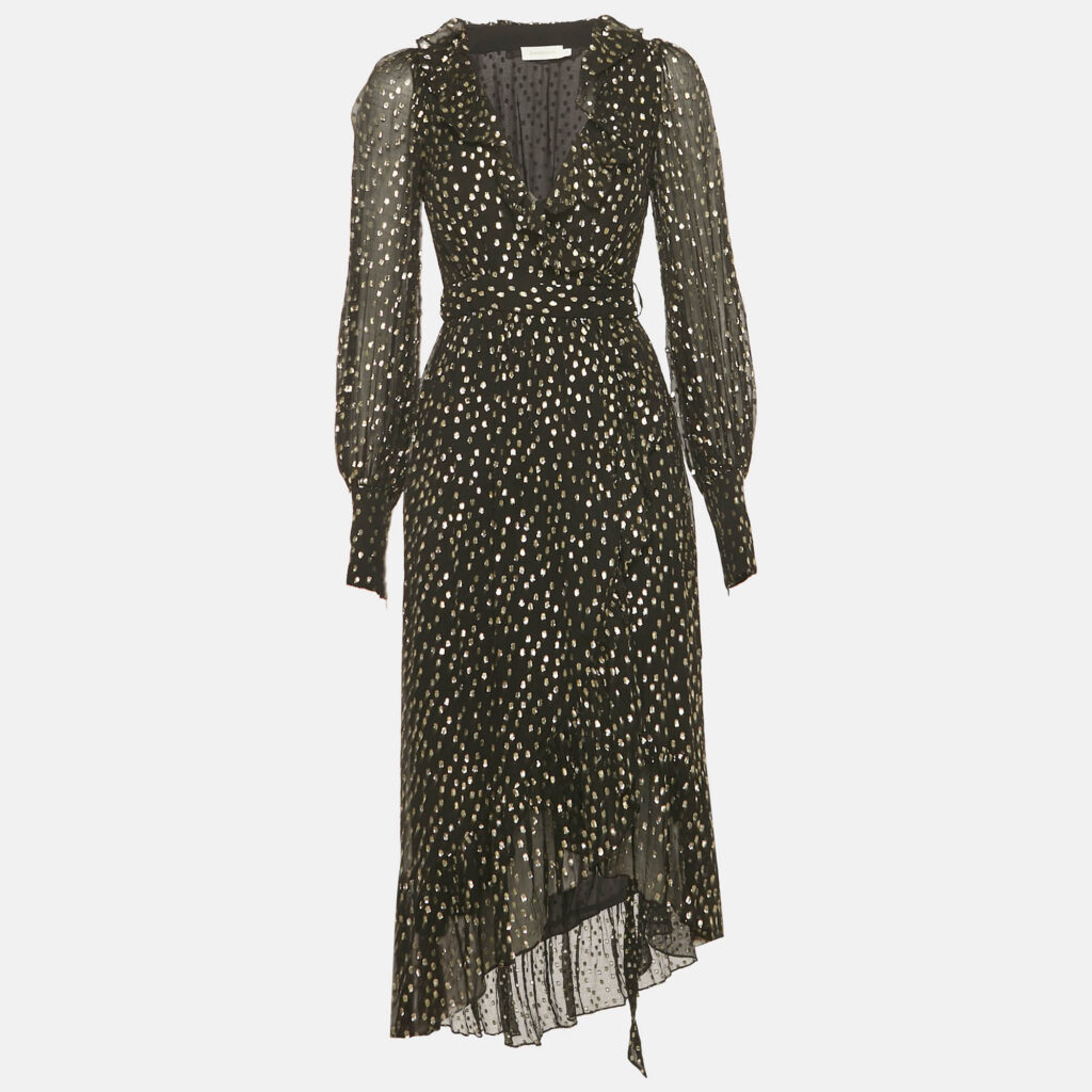 Zimmermann Black Fil Coupe Silk Wrap Midi Dress S