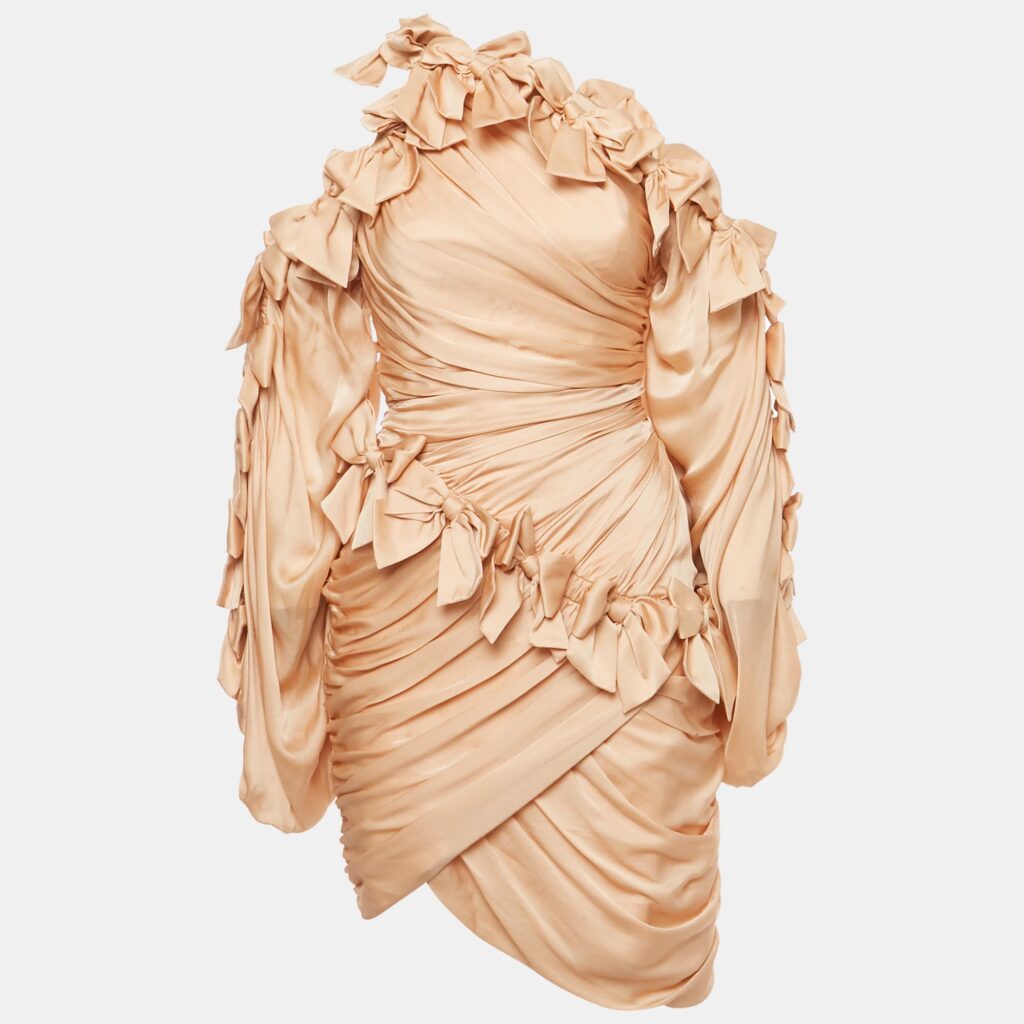 Zimmermann Beige Silk Bow Detail Ruche Short Dress S