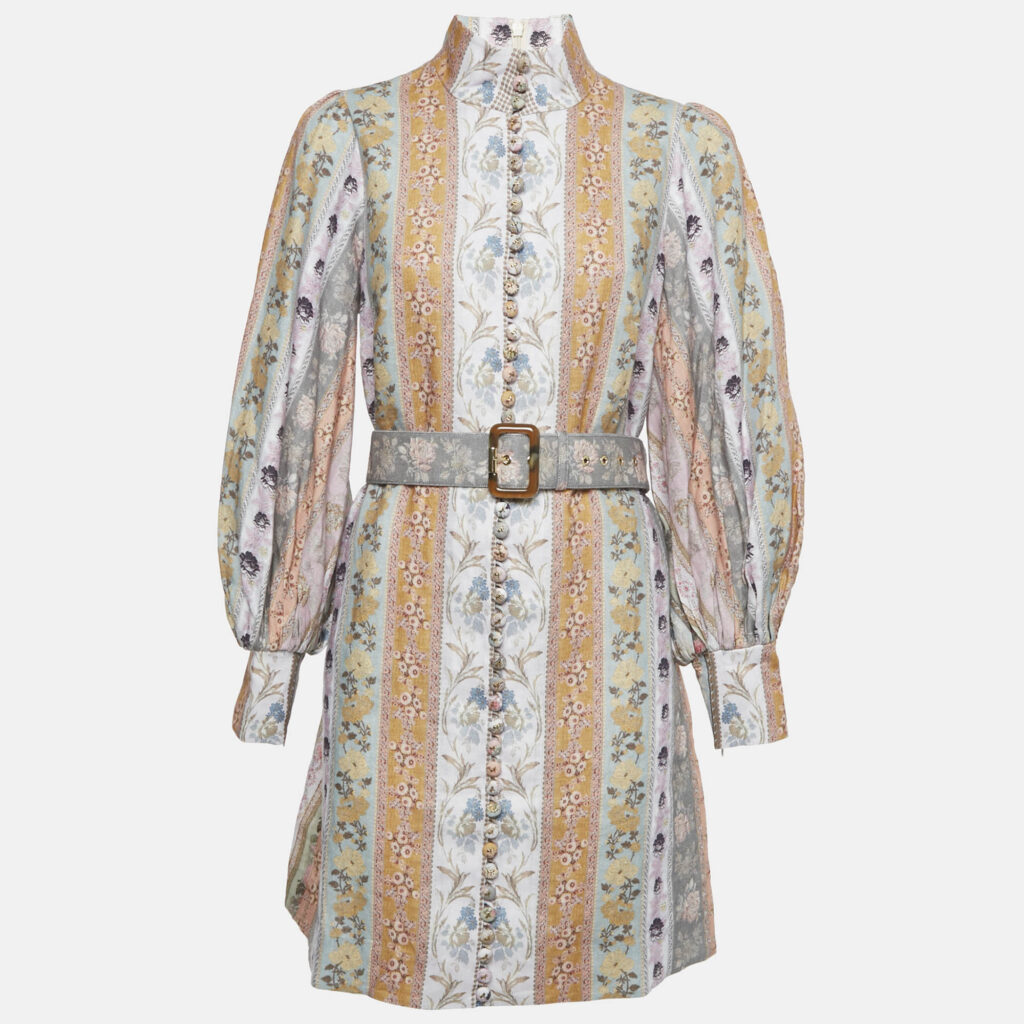 Zimmermann Multicolor Linen Floral Print High Neck Mini Dress M Zimmermann Multicolor Linen Floral Print High Neck Mini Dress M