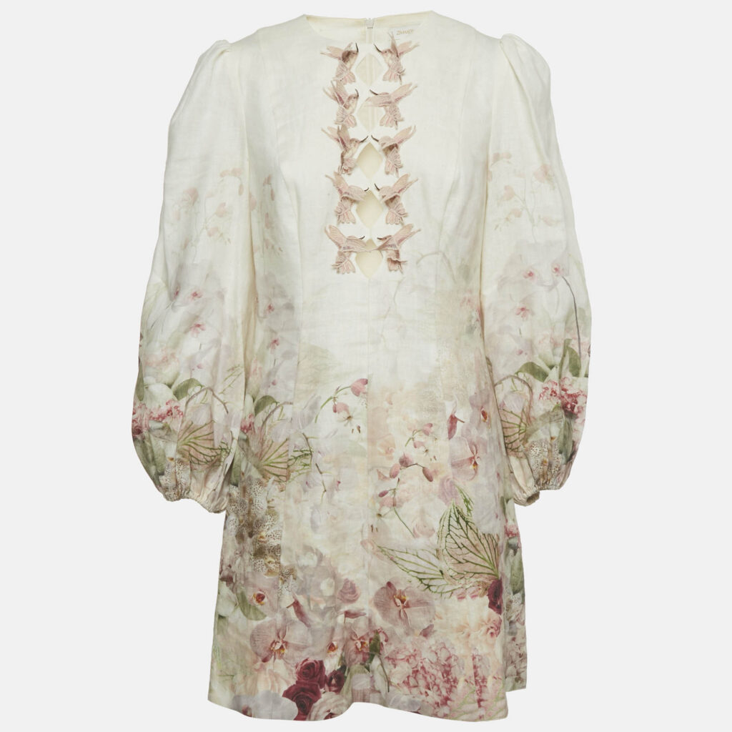 Zimmermann Off-White Floral Print Linen Hummingbird Mini Dress M Zimmermann Off-White Floral Print Linen Hummingbird Mini Dress M