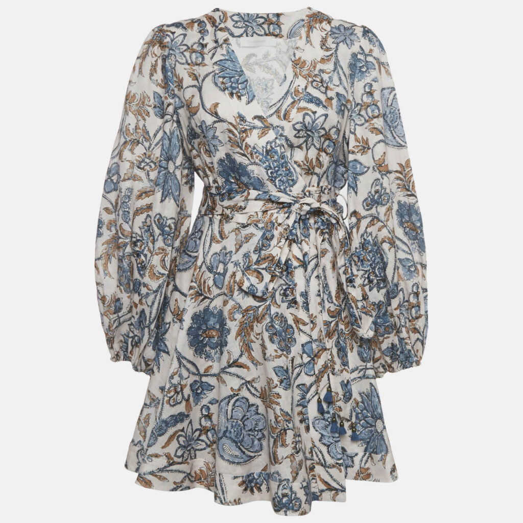 Zimmermann Pink/Blue Vitali Floral Print Linen Wrap Dress M