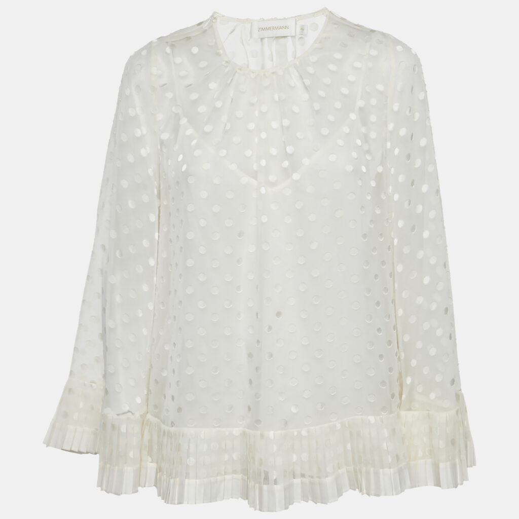 Zimmermann Off-White Dotted Crepe Fil Coupe Pleat Detail Top M